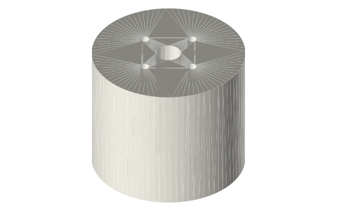 2208 gimbal motor: outside envelope and mounting holes (Ø27.5 × 23, base M3 on 19 × 16, rotor M2 on 12 × 12), isometric render of a generated part