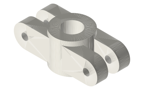Governor head: Ø16 × 14 collar with forked ears, pivots 28 mm apart, isometric render of a generated part
