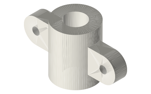 Governor sleeve: Ø16 × 20 sliding collar with ears 14 mm out, isometric render of a generated part