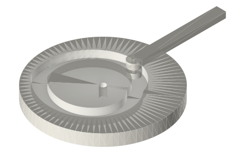 Grooved heart cam (face cam) with roller follower, isometric render of a generated part
