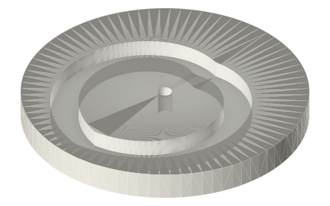 Grooved heart cam (face cam), uniform motion, 20 mm stroke, isometric render of a generated part