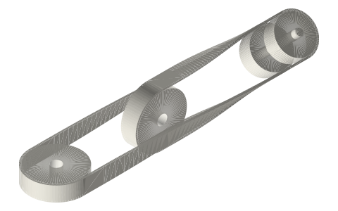 Belt drive between shafts at right angles with two guide pulleys, isometric render of a generated part