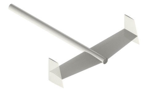 H-tail / twin fin tail, isometric render of a generated part