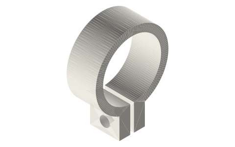 Handlebar clamp rings: split rings for 22.2 to 35.0 mm bars, M4 / M5, isometric render of a generated part