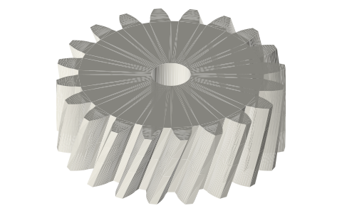 Helical gear, normal module 1.5, 20 teeth, helix 20° right hand, face 12, Ø6 bore, isometric render of a generated part