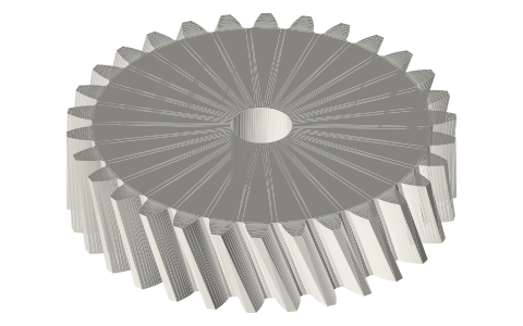 Helical gear, normal module 1.5, 30 teeth, helix 20° left hand, face 12, Ø8 bore, isometric render of a generated part
