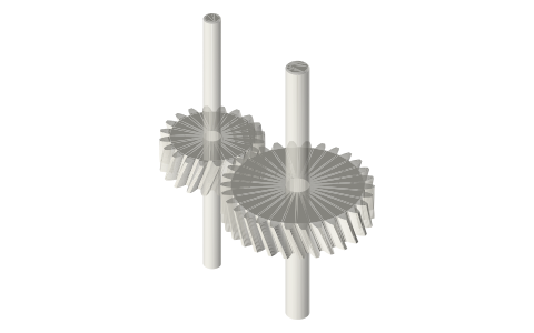 Helical (oblique-toothed) gears on parallel shafts, 20 : 30, helix 20°, isometric render of a generated part