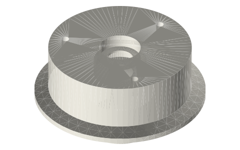 3 in crankcase caps: blind bearing cap, seal cap and 3-port cap, isometric render of a generated part