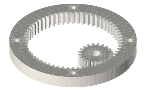 Internal gear and pinion, 60 : 20 (3 : 1, same direction), isometric render of a generated part
