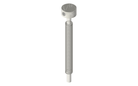 Lead screw Tr10×2, 80 mm thread, Ø6 journals, Ø20 head with Ø6 cross hole, isometric render of a generated part