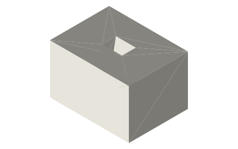 Stone block 80 × 60 × 50 with a dovetail lewis hole 20 → 30 × 14, 30 deep, isometric render of a generated part