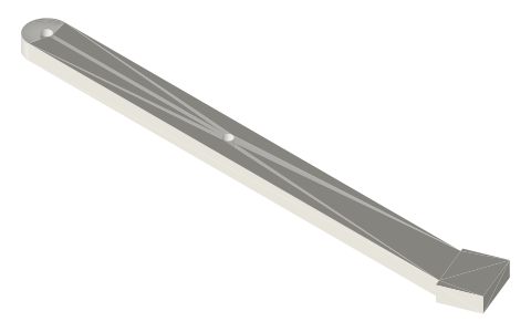 Lifting tong arm 12 × 5: link hole 60 mm and foot 80 mm either side of the pivot, isometric render of a generated part