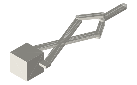 Lifting tongs: load-tightened scissor grip, isometric render of a generated part