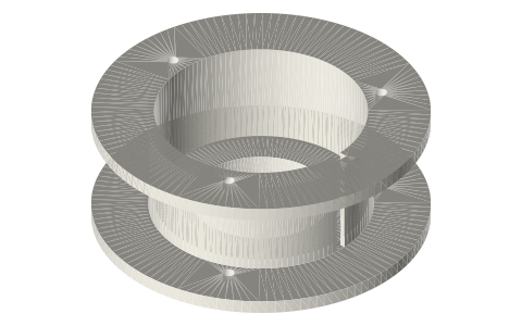 Linear alternator housing for Ø80 and Ø100 flexures (2 in / 3 in), isometric render of a generated part