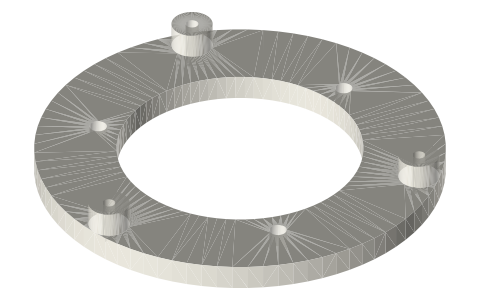 Linear alternator module open frame, 2 in: frame base, leaf seats, clamp rings, stator sleeve and top plate, isometric render of a generated part