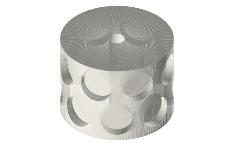 Linear alternator mover: Ø35 carrier for 16 Ø10 × 3 magnets, isometric render of a generated part
