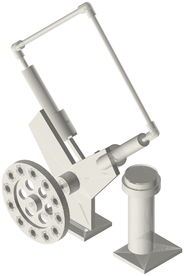 Build list: Alpha V-twin, two 10 mL syringes, isometric render of a generated part