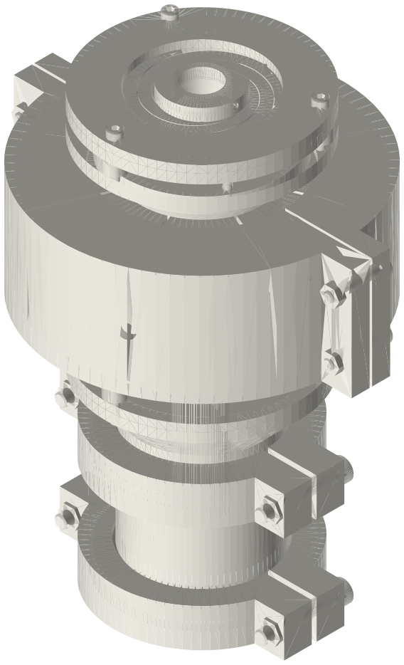 Build list: Linear alternator module, 2 in, open frame (exposed flexures), isometric render of a generated part