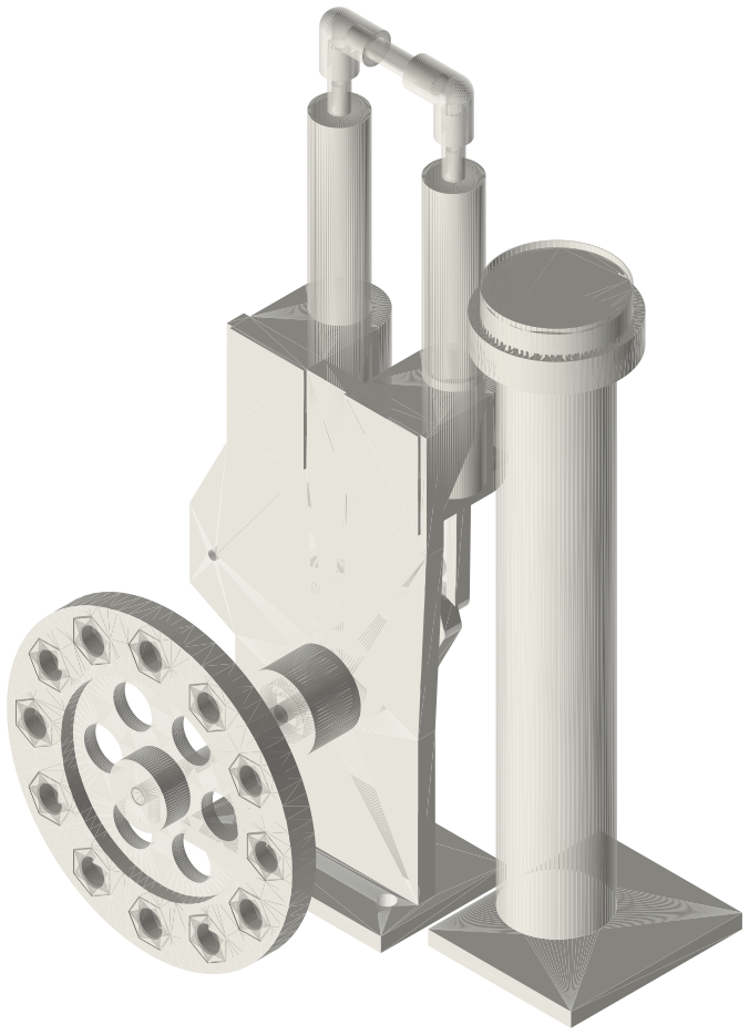 Build list: Ross yoke alpha, two parallel 10 mL syringes, isometric render of a generated part