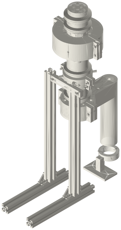 Build list: Modular free-piston thermoacoustic engine, 2 in tri-clamp (stack sections and a clamp-in linear alternator), isometric render of a generated part