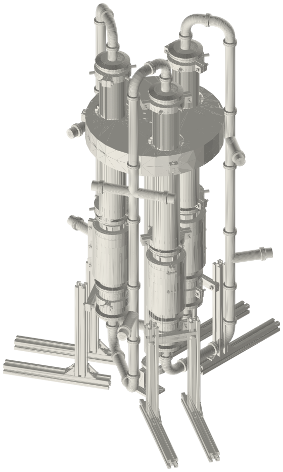 Build list: Thermoacoustic-Stirling ring generator, three 2 in units, pressurised, isometric render of a generated part