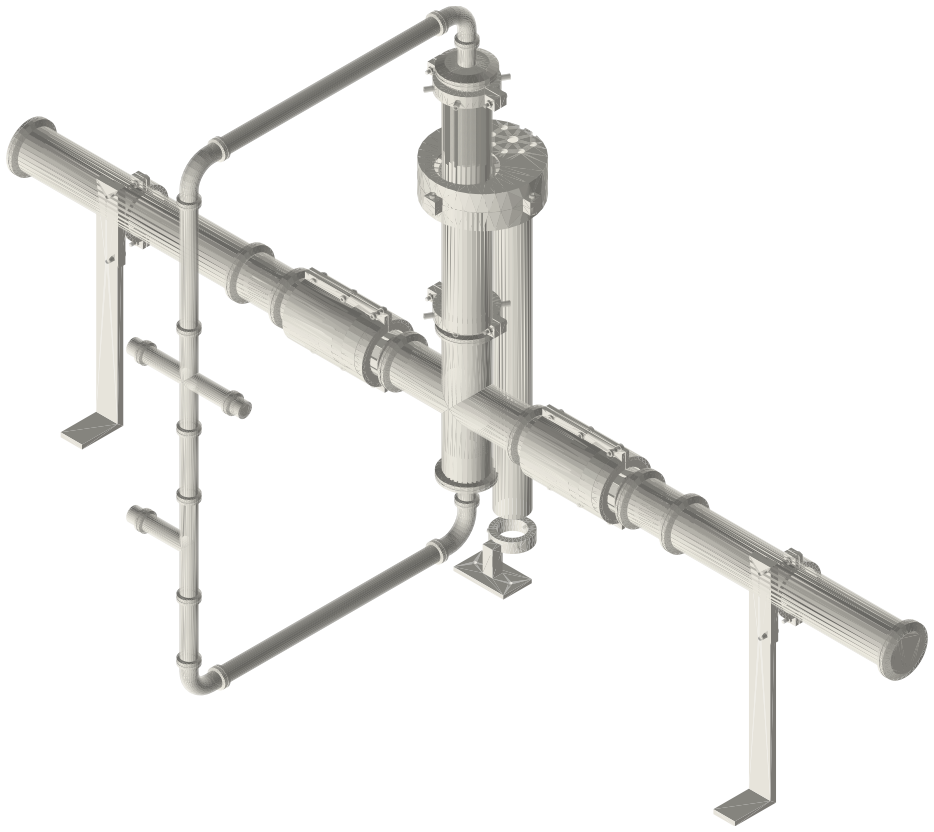 Build list: Thermoacoustic-Stirling engine with twin free-piston alternators, 2 in, pressurised, isometric render of a generated part