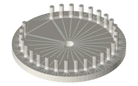 Mangle (pin) wheel: Ø96 × 6 disc with 27 Ø4 × 12 pins on R40, gap of 3, isometric render of a generated part