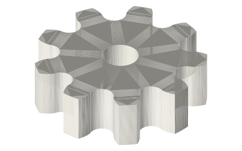 Mangle-wheel pinion, 9 teeth, for Ø4 pins on R40 (cut for both sides of the pin row), isometric render of a generated part