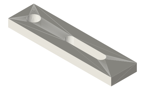 Slotted bar 80 × 20 × 6 for the mangle pinion's shaft (slot from R28 to R52), isometric render of a generated part