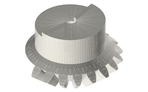 Mutilated mitre gear, module 2, 20 teeth with 10 kept (half), Ø5 bore, isometric render of a generated part