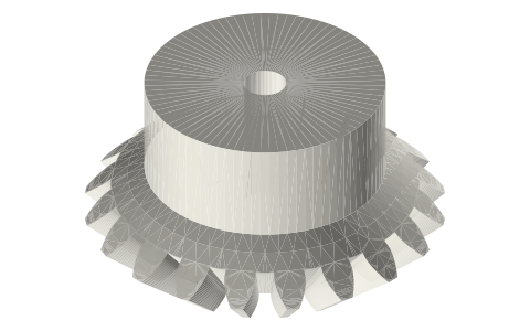 Mitre (bevel) gear, module 2, 20 teeth, Ø5 bore, spherical involute, isometric render of a generated part