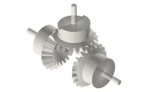 Mutilated bevel gear driving two bevel gears alternately, opposite ways, isometric render of a generated part