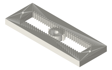 Mutilated pinion and double rack (continuous rotation to reciprocation), isometric render of a generated part