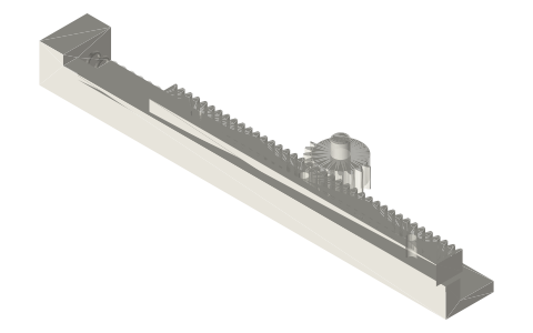 Mutilated spur gear moving a rack, a spring bringing it back, isometric render of a generated part