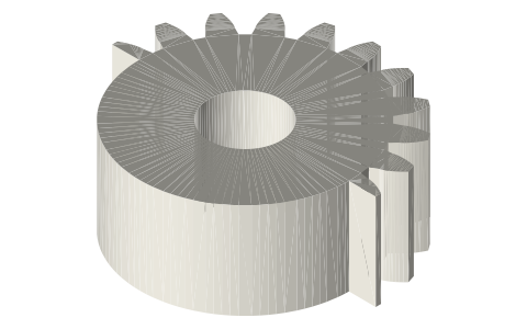 Mutilated pinion, module 1, 20 T with 10 teeth kept (half), isometric render of a generated part