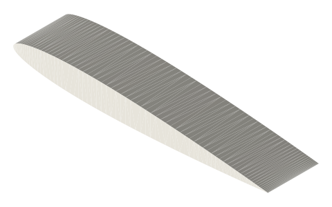 NACA 0010 airfoil, isometric render of a generated part