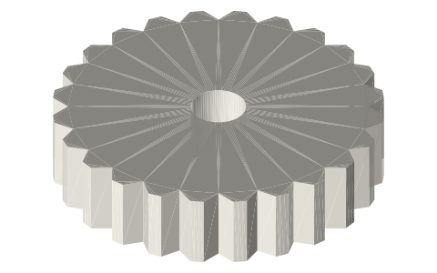 Notched roller Ø18 × 4, Ø3 bore, 24 V-notches, isometric render of a generated part