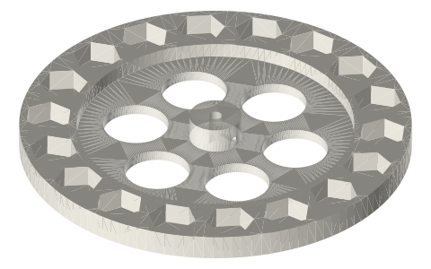 Flywheels Ø100–Ø200 with hex-nut rim pockets, isometric render of a generated part