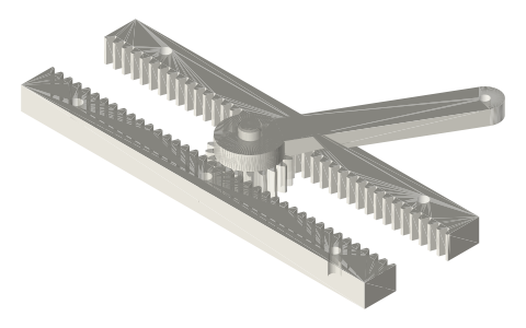 Pinion between two racks (opposite motion, pump drive), isometric render of a generated part