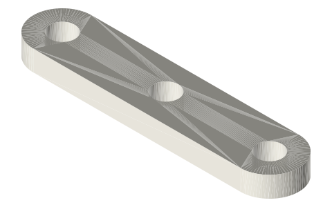 Train arm 64 × 14 × 5 with three Ø6 holes at 25 mm (Ferguson's paradox), isometric render of a generated part