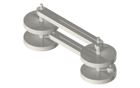 Parallel cranks and coupling rods, two pairs at 90° (no dead centre), isometric render of a generated part