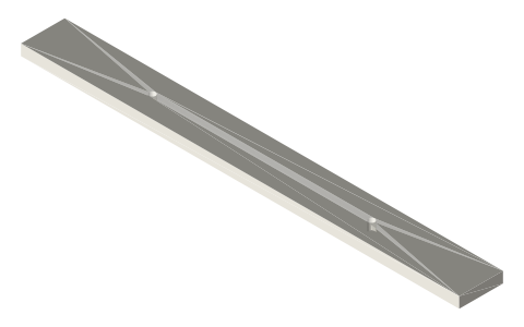 Parallel ruler bar 200 × 20 × 5 with Ø3 pivot holes 100 mm apart, isometric render of a generated part