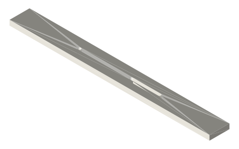 Parallel ruler blade 200 × 20 × 5, pivot hole and 3 mm slot, isometric render of a generated part