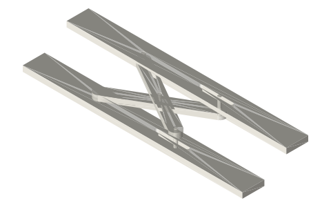 Parallel ruler with crossed arms and slots, isometric render of a generated part