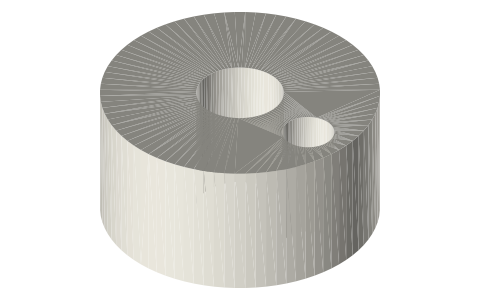 Peg clutch collar Ø16 × 8, Ø5 bore, Ø3 peg hole at 5.5 mm, isometric render of a generated part