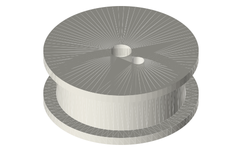 Peg clutch pulley Ø30 face, Ø36 flanges, 14 wide, Ø5 bore, Ø3 peg hole, isometric render of a generated part