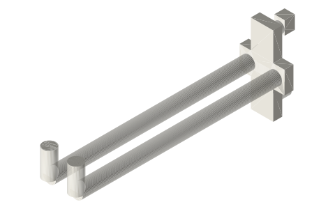 Pegboard hooks, printable: J, double and straight, 1 to 6 in reach (¼ in holes, 1 in pitch), isometric render of a generated part