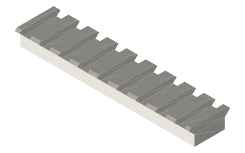 Picatinny rail (MIL-STD-1913): profile, grooves and mount jaw, isometric render of a generated part