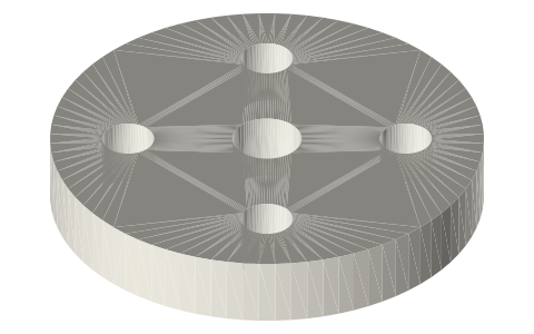 Pin-clutch disc Ø50 × 8 with four Ø6 holes on R16, Ø8 bore, isometric render of a generated part