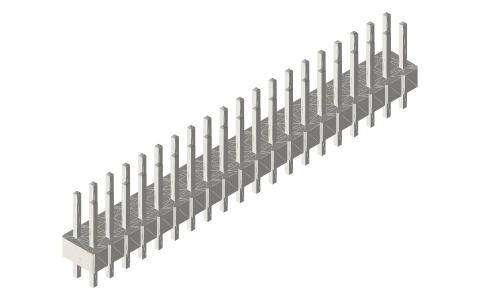 2.54 mm pin headers, 1×2 to 2×20, vertical and right-angle, isometric render of a generated part
